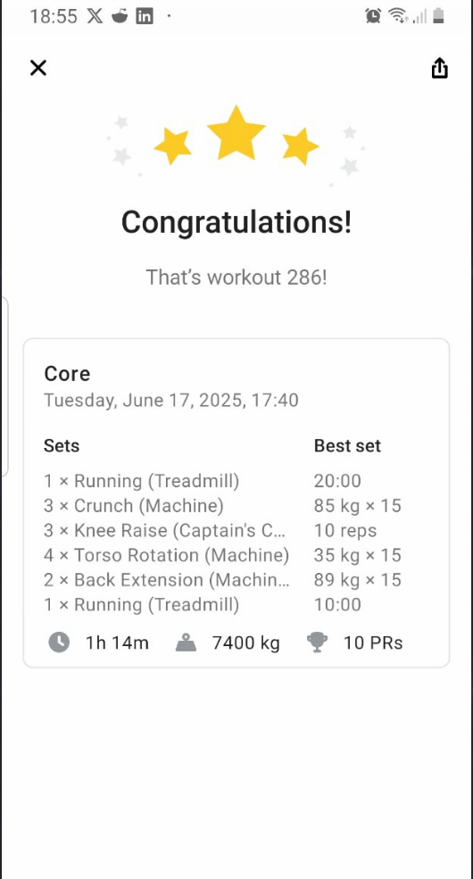 The image displays a workout summary from a fitness app, highlighting a completed core workout.