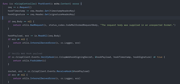 The image displays a code snippet related to handling webhooks in a Crisp integration.