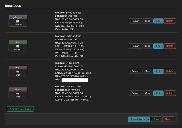 The image displays a network interface configuration interface showing various VLAN and IP settings.