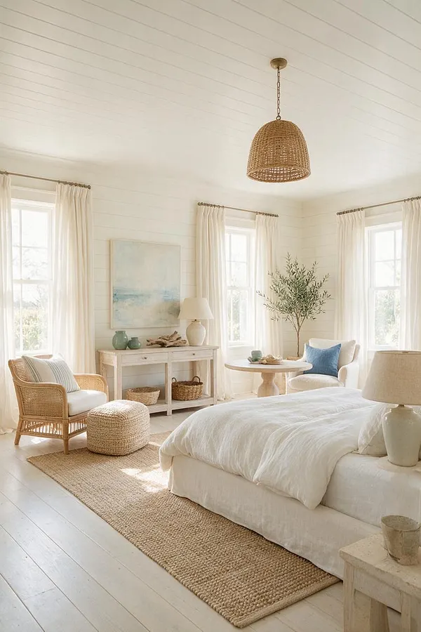 A bright coastal master bedroom with white paneled walls and ceiling, soft sheer curtains, and a woven pendant light. The room features a low upholstered bed, a jute rug, rattan and wicker seating, light wood furniture, and soft blue accents for a relaxed seaside feel.