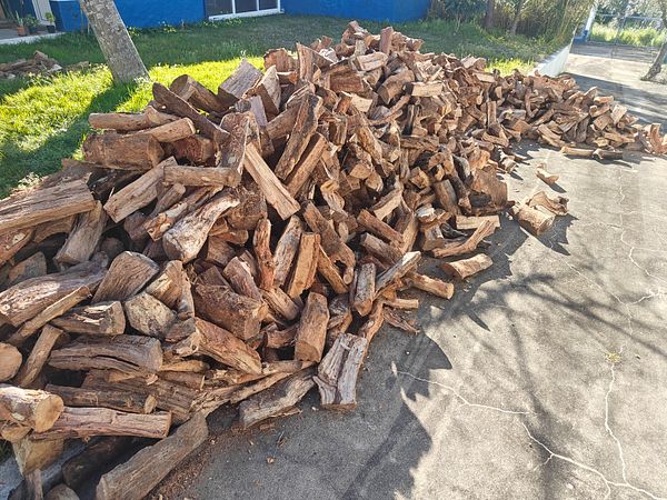 A large pile of firewood is stacked on a concrete surface.