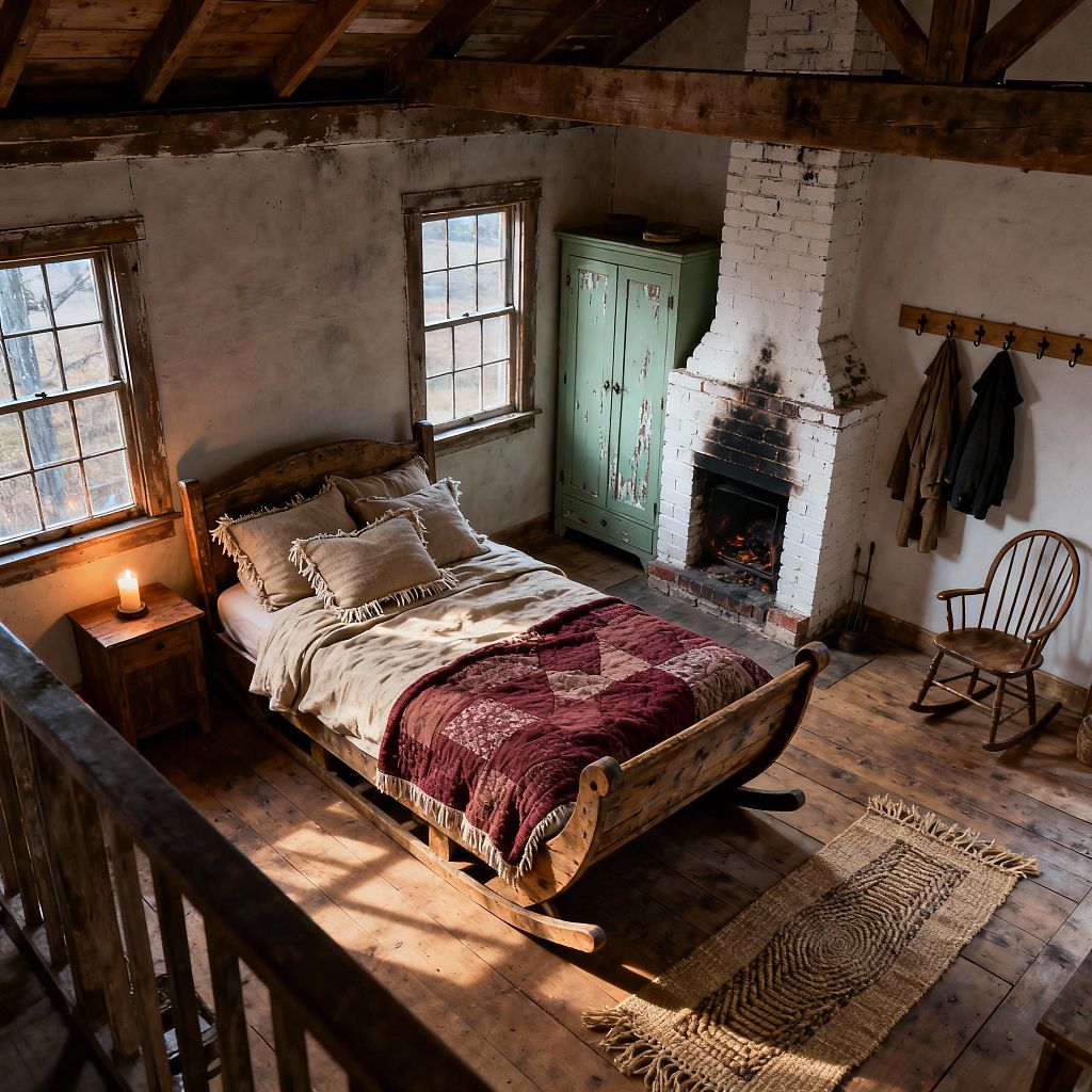 A rustic farmhouse bedroom features a hand-carved wooden rocking bed with linen cushions and a burgundy patchwork quilt, set between two wood-trimmed windows on wide-plank floors. A lit whitewashed brick fireplace stands beside a distressed sage-green armoire, with a peg rail holding coats, a spindle chair, a jute runner, exposed rafters, and rough plaster walls completing the warm, timeworn setting.