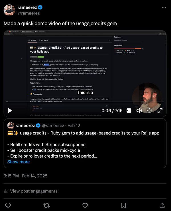 A Twitter post featuring a demo video of the usage_credits gem for Ruby on Rails.