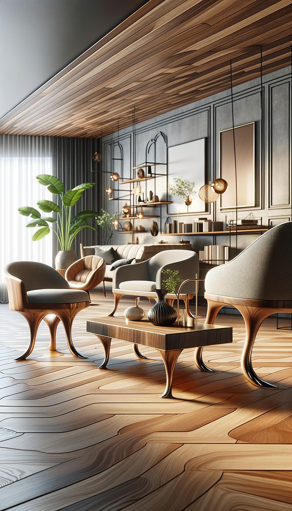 a stylish living room showcasing a variety of furniture pieces, including a coffee table and side chairs featuring elegant Spade Foot legs made of polished wood, set against a backdrop of contemporary decor
