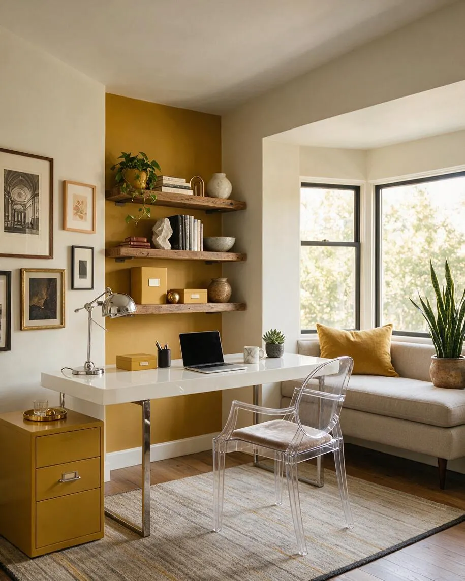 A stylish eclectic home office with a white desk, clear acrylic chair, and warm mustard accent wall with rustic wood shelves. Framed artwork, books, pottery, a beige daybed, and a bay window with natural light create a layered, inviting workspace.