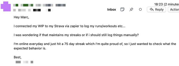 An email discussing the integration of a WIP with Strava via Zapier for logging workouts.