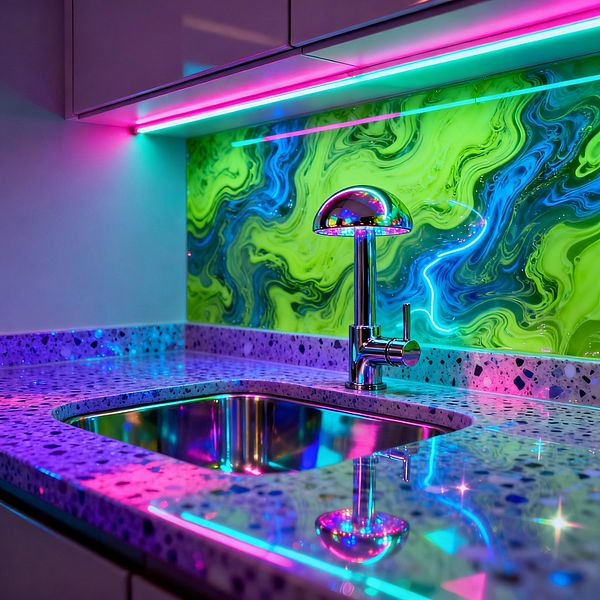 A compact kitchen vignette shows a terrazzo countertop with multicolored chips and an undermount stainless-steel sink beneath a sleek chrome faucet. Pink and teal LED strips under pale cabinets wash the glossy glass backsplash, printed with swirling lime-green and electric-blue marbling, casting neon reflections across the counter and fixtures for a futuristic, psychedelic mood.