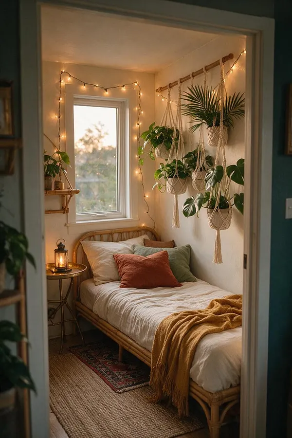 A small guest bedroom with a bamboo daybed dressed in cream bedding, terracotta and sage accent pillows, and a mustard throw. Macramé hanging planters filled with lush greenery line the wall, while warm string lights frame the window and a lantern glows on a brass side table. Natural rugs and woven textures complete the cozy bohemian look.