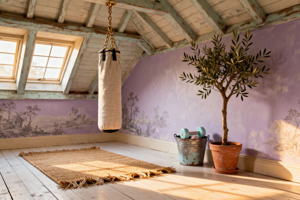A cozy attic home gym with a sloped ceiling and skylight shows a linen-covered punching bag suspended from a brass chain above a fringed jute rug on white-painted wood floors. Lavender walls carry a faded gray pastoral mural, while distressed duck-egg rafters frame the space. An olive tree in a terracotta pot stands beside a chippy metal bucket holding pastel dumbbells, with warm daylight creating a calm, vintage feel.