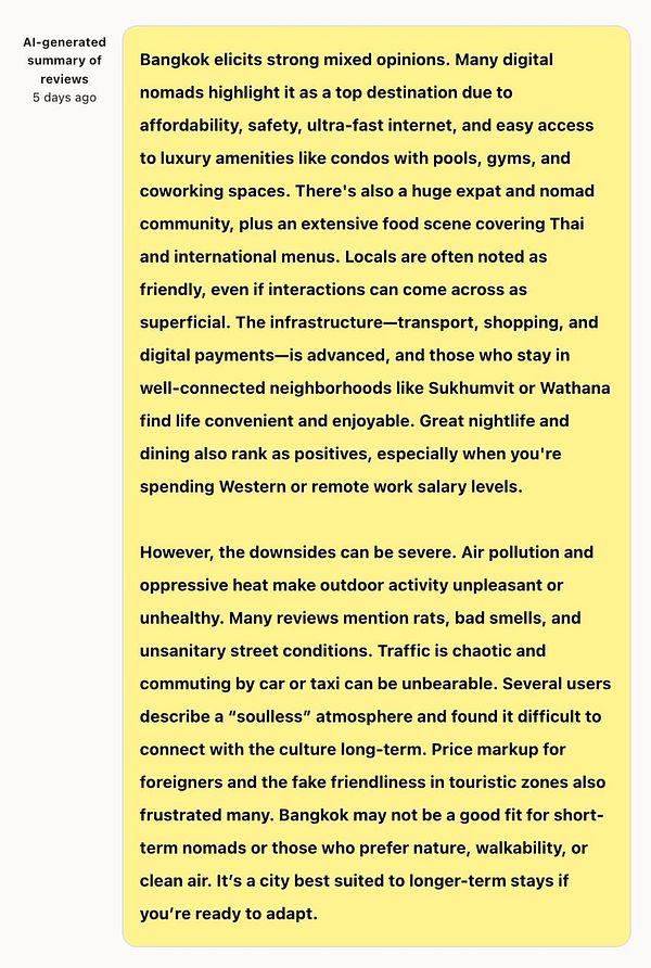 The image contains an AI-generated summary of reviews about Bangkok as a destination for digital nomads.