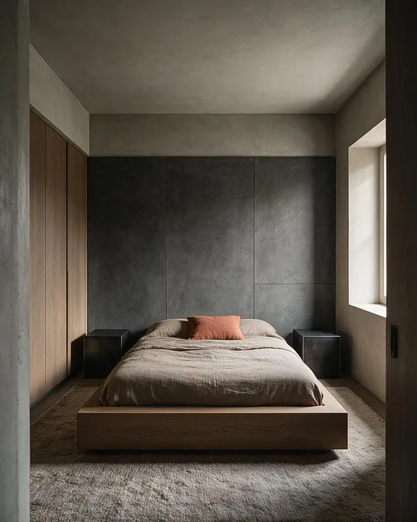 A minimalist bedroom with a low wooden platform bed centered against a dark textured wall, flanked by small black bedside blocks. The room has a muted gray plaster ceiling and walls, a soft neutral rug, a terracotta accent pillow, and a window on the right bringing in natural light.