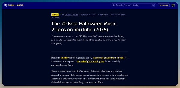 A webpage article titled 'The 20 Best Halloween Music Videos on YouTube (2026)' from Channel Surfer with a Halloween music video guide.