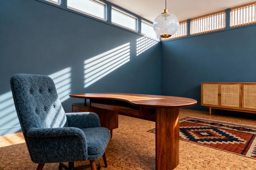 A mid-century modern home office with deep blue walls and clerestory windows casting striped light across a cork floor. A sculpted walnut kidney-shaped desk pairs with a tufted blue boucle swivel chair; a light-wood credenza with woven cane doors sits against the far wall, and a rust, navy, and cream geometric rug adds pattern. An opal-glass globe pendant with brass detail hangs overhead, creating a minimal, airy workspace with warm textures.