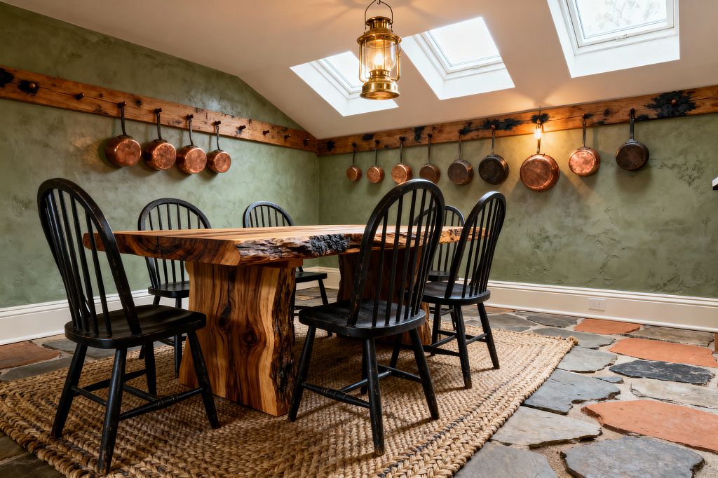 A rustic dining room features a thick live-edge hardwood table paired with six black Windsor-style chairs on a chunky braided jute rug. Sage green plaster walls with a wood peg rail and iron brackets display a row of copper pots, while irregular slate and terracotta flagstone flooring, a brass lantern pendant, and twin skylights above fill the space with warm, natural light.