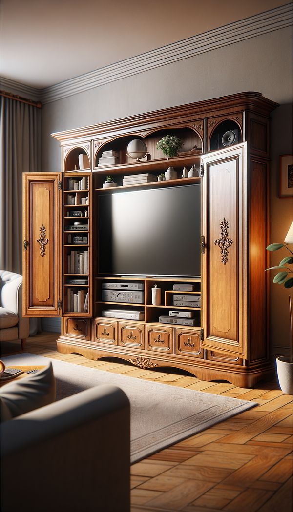 A traditional wooden TV armoire with doors open, revealing a television and shelves filled with media devices and accessories, set in a cozy living room.