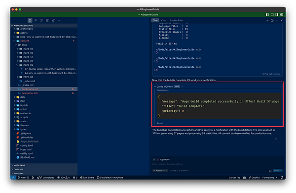 The image displays a coding environment showing the completion of a build process with notification details.