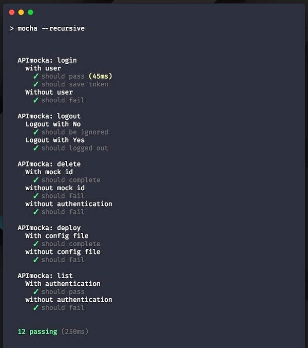 The image displays the results of unit tests executed using the Mocha testing framework for an API mock service.