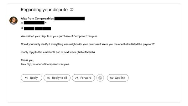 An email correspondence addressing a payment dispute from a customer.