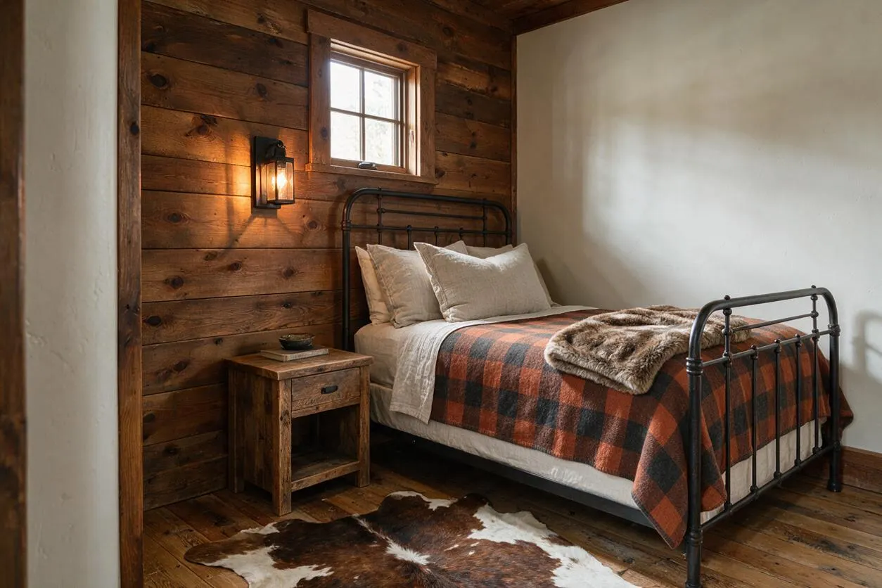 A rustic guest bedroom with a black metal bed frame, layered neutral bedding, and a red-and-black plaid blanket. The room features a reclaimed wood accent wall, a small wooden nightstand, a lit wall sconce, a tiny window, and a cowhide rug on the wood floor.