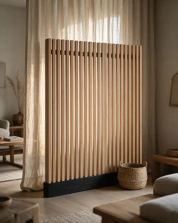 A freestanding room divider made of evenly spaced vertical wood slats with a dark base stands in a softly lit neutral room. Sheer beige curtains filter sunlight behind it, with woven baskets, linen textiles, and light wood furniture reinforcing the calm Japandi style.
