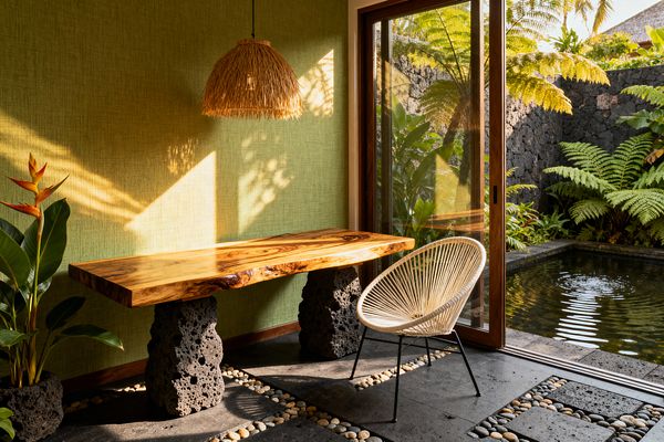 A tropical home office features a live-edge teak desk on two chunky lava-stone bases before an olive-green textured wall. A woven rattan dome pendant hangs above, and a white cord chair with black metal legs sits on basalt tiles with river-pebble inlays. A wood-framed sliding glass door opens to a small pond bordered by volcanic rock and dense ferns, filling the room with warm sunlight and reflections.