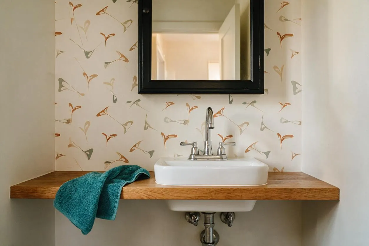 A compact powder room with a white vessel sink set into a floating teak wood countertop, a chrome faucet, and a black-framed mirror above. The back wall is covered in cream wallpaper with a repeating mid-century style floral pattern in muted orange, beige, and green, and a teal towel adds a bold color accent.