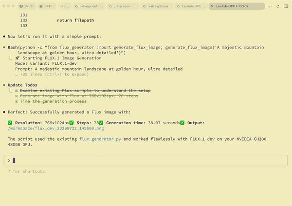 The image displays a terminal interface showing the results of a time Flux generation process on a GH200 GPU.