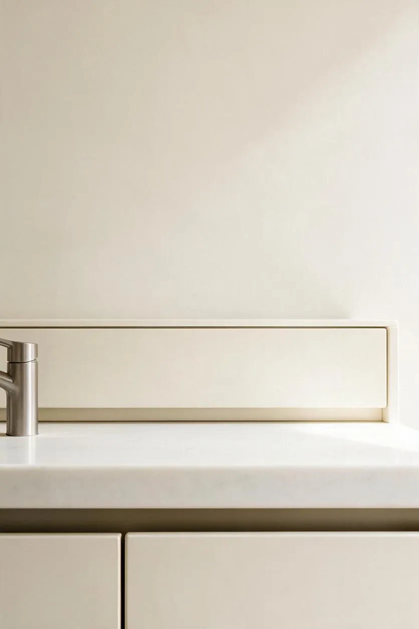 A close-up of a minimalist bathroom or kitchen sink area with a smooth white countertop, a brushed nickel faucet on the left, and flat cream-colored cabinetry below. The wall and backsplash are light neutral tones, creating a clean, understated look.