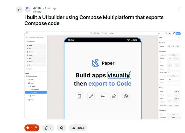 A UI builder interface for a Kotlin project named 'Paper' that allows users to visually create apps and export them as code.