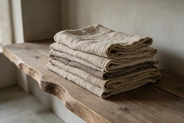 A stack of folded beige linen textiles rests on a rustic live-edge wooden bench. The softly wrinkled fabric and unfinished wood grain create a calm, natural Wabi-Sabi look against a muted neutral wall.