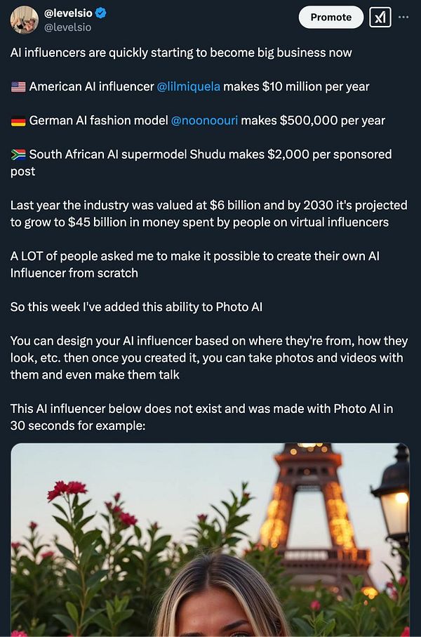 The image features a tweet discussing the rise of AI influencers and their financial impact.