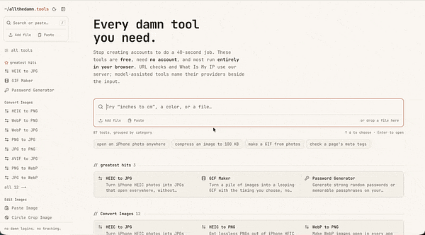 A web application interface for a versatile toolset called 'Every damn tool you need,' featuring a sidebar with categorized tools and a main area with search and file upload options.