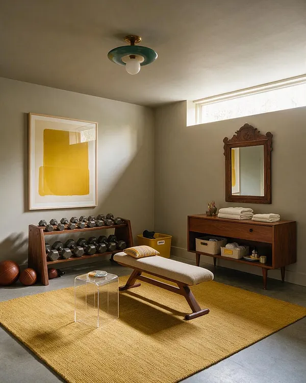 A compact home gym with a mustard yellow rug, a padded workout bench, and two tiers of dumbbells on a wooden rack. The room includes a vintage wood cabinet, an ornate wall mirror, abstract yellow artwork, and a small acrylic side table under soft natural light.