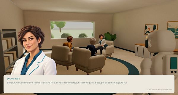 A virtual scene from a nano doctor game prototype depicting a conversation between characters in a living room setting, including a robot and a doctor named Ana Ruiz.