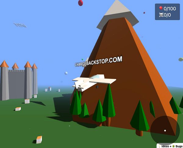A stylized 3D landscape featuring a mountain with an advertisement for chargebackstop.com and a small airplane flying nearby.