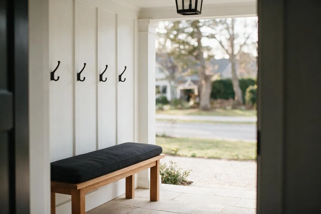 A bright transitional porch or mudroom entry with white paneled walls, four black metal hooks, and a simple oak bench topped with a black cushion. The open front frames a soft-focus view of a suburban street, adding a calm, welcoming feel.