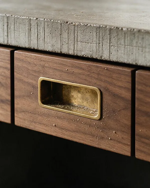 A close-up of a Brutalist cabinet detail showing a rough poured-concrete top resting above warm walnut drawer fronts. A recessed rectangular brass pull is centered on the wood panel, with visible texture, dust, and small imperfections emphasizing the raw material finish.