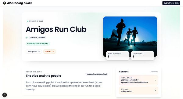 A webpage displaying a running club's visit schedule with dates, distances, and links arranged in a clean, minimal layout.