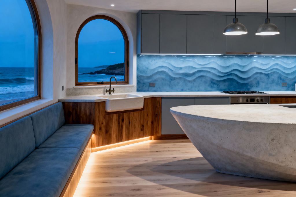 A coastal kitchen with arched windows overlooks the ocean at dusk. A sculptural concrete island anchors the room, facing matte blue-gray cabinets and a 3D aqua wave backsplash. Warm wood base cabinetry and light oak floors add natural texture. An apron-front sink sits beneath a window with a brass faucet. Under-cabinet and toe-kick LED lighting cast a soft glow, while two metal dome pendants hang above. A built-in blue upholstered bench runs along the window wall.
