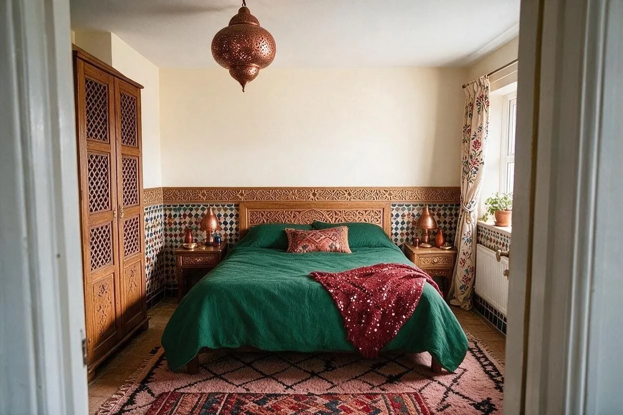 The same Moroccan bedroom in the Emerald Riad palette: lime plaster, emerald, copper, cedar, and deep red