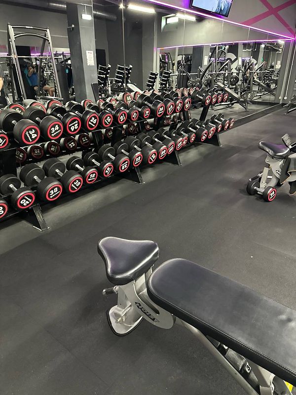 The image captures a well-equipped gym area featuring a rack of dumbbells and a workout bench.