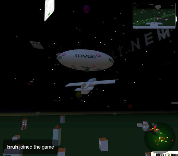 A virtual environment featuring a Tavus.io blimp and various floating objects.