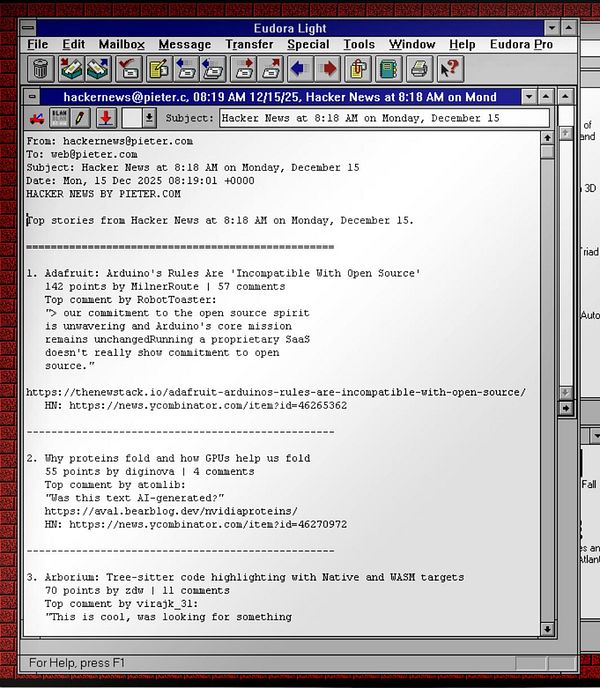 An email interface displaying a Hacker News digest with top stories and comments.