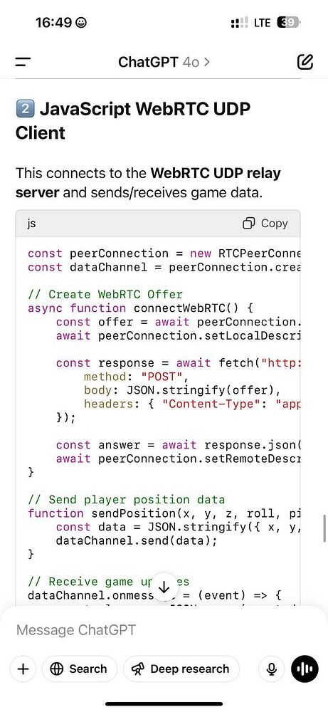 The image displays a code snippet for a JavaScript WebRTC UDP client designed to connect to a relay server for game data transmission.