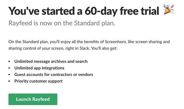 The image displays a notification about starting a 60-day free trial for Rayfeed on the Standard plan.