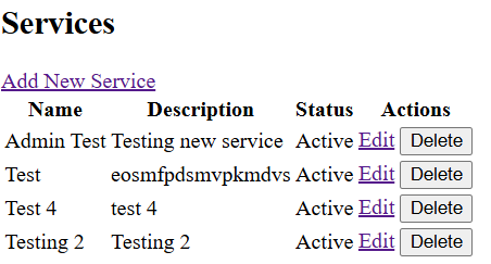 A user interface displaying a list of services with options to edit or delete each entry.