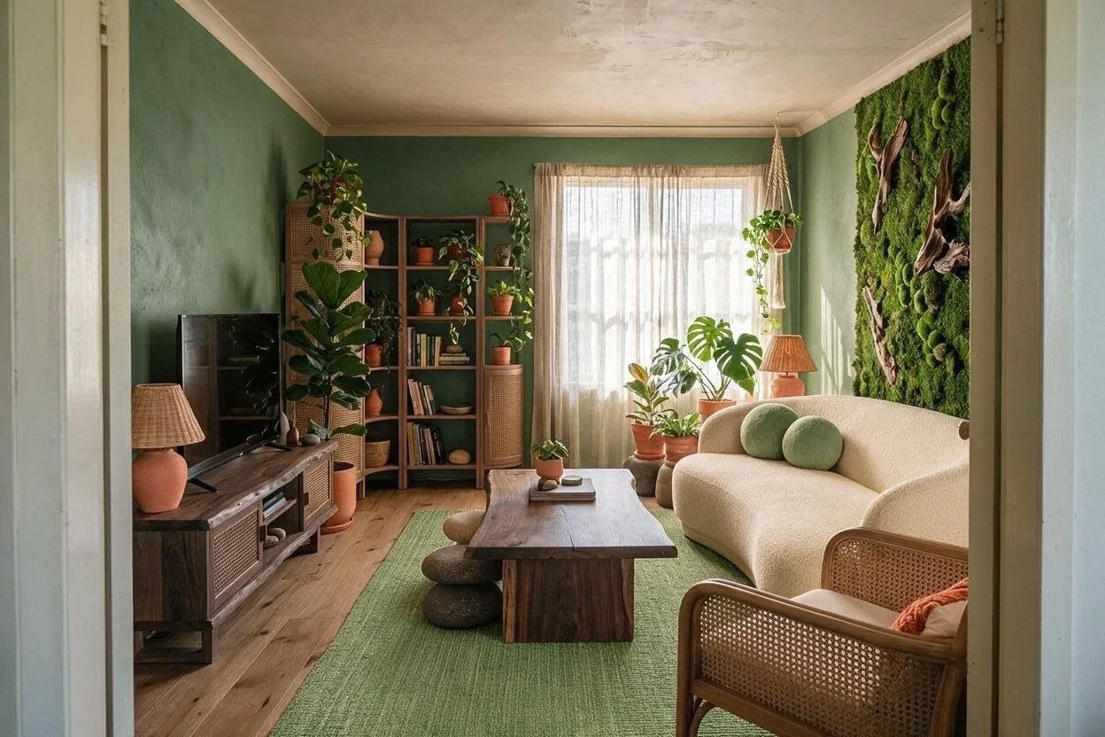 The same Biophilic living room in the Fern and Bark palette: fern green, oatmeal, bark brown, moss, and clay