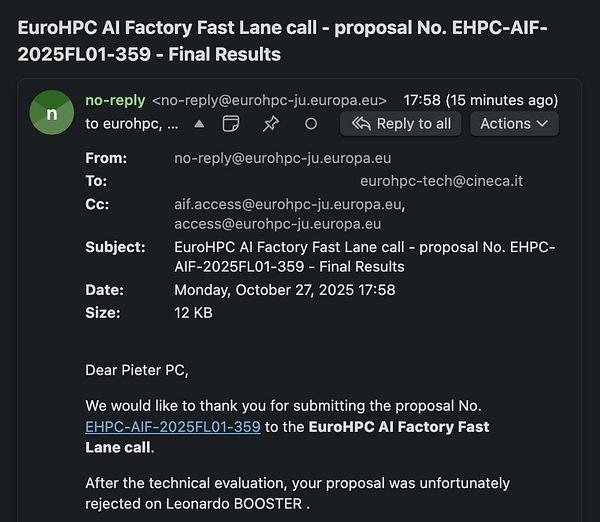 An email notification regarding the rejection of a proposal submitted to the EuroHPC AI Factory Fast Lane call.