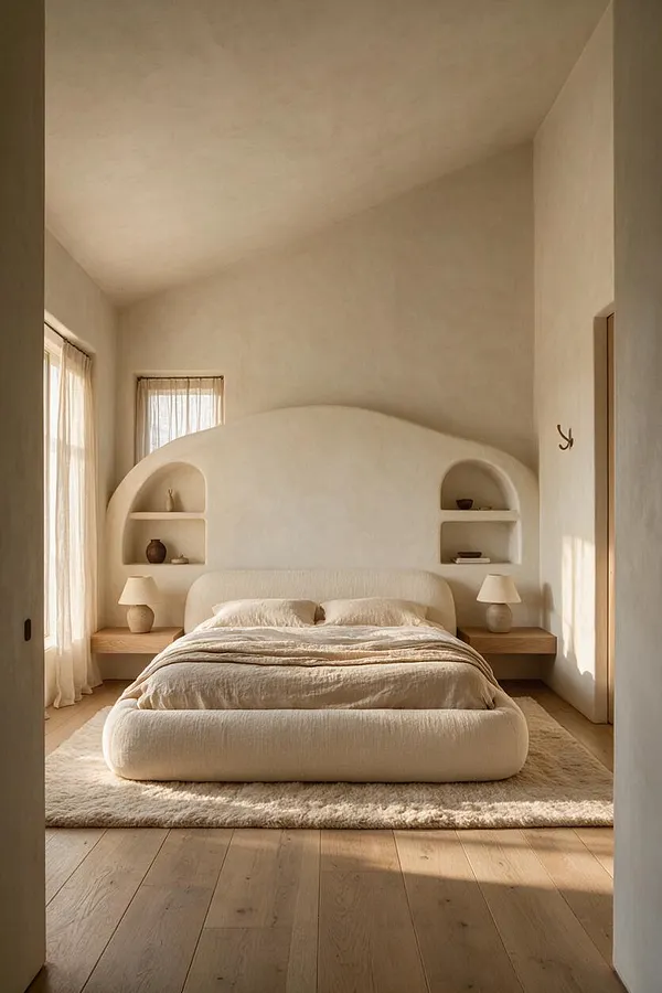 A serene master bedroom with a low upholstered bed centered against a curved plaster headboard wall with built-in arched niches. Warm wood nightstands, cream lamps, sheer curtains, and a plush neutral rug complete the calm organic modern space.