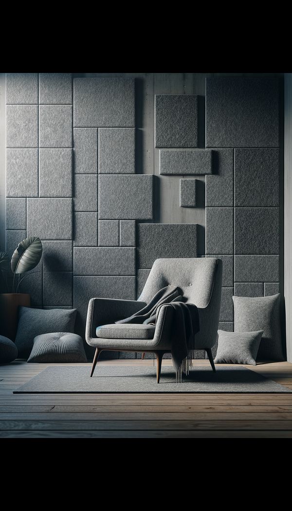 a cozy living room interior with a mid-century modern style chair upholstered in grey felt, with felt wall panels in the background and a decorative felt throw on the chair